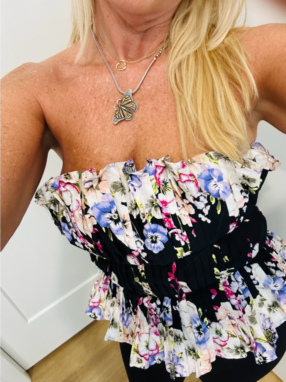 RARE White House Black Market "Peony Sketch" Floral Pleated Ruffle Bustier Top